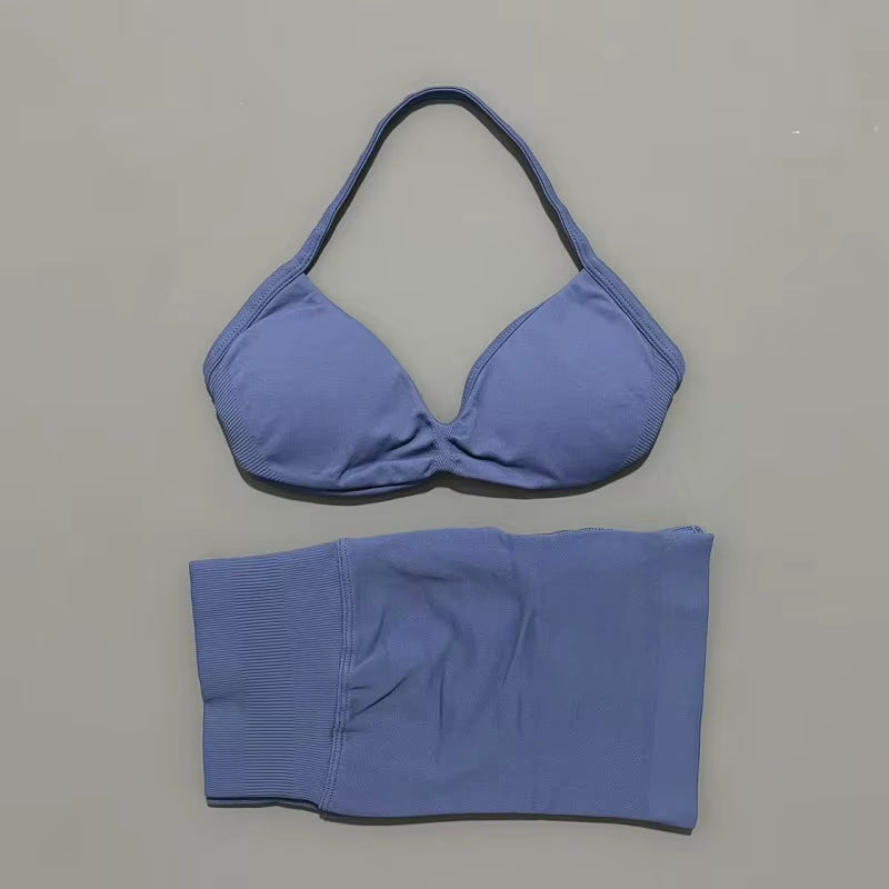 2 Piece Sports Gym Set Strappy Bra Yoga Underwear Short Sport Leggings Bicycle Running Sportswear Woman Seamless Yoga Set