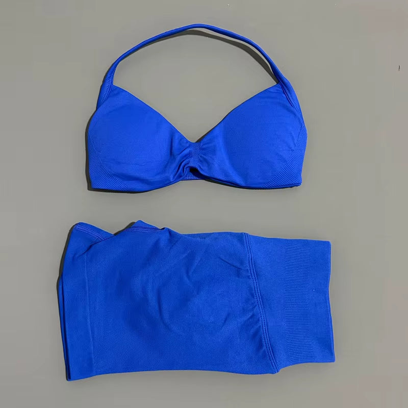 2 Piece Sports Gym Set Strappy Bra Yoga Underwear Short Sport Leggings Bicycle Running Sportswear Woman Seamless Yoga Set