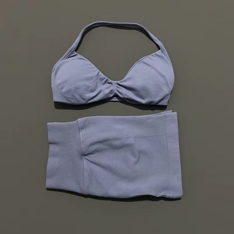 2 Piece Sports Gym Set Strappy Bra Yoga Underwear Short Sport Leggings Bicycle Running Sportswear Woman Seamless Yoga Set