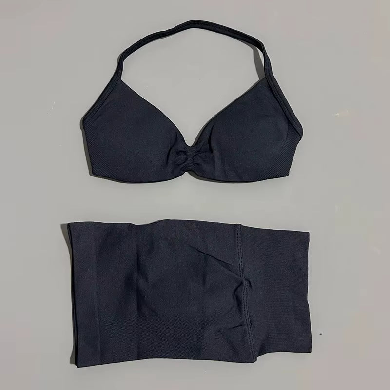 2 Piece Sports Gym Set Strappy Bra Yoga Underwear Short Sport Leggings Bicycle Running Sportswear Woman Seamless Yoga Set