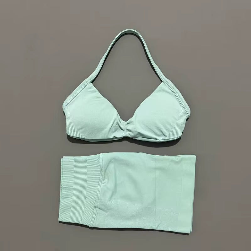 2 Piece Sports Gym Set Strappy Bra Yoga Underwear Short Sport Leggings Bicycle Running Sportswear Woman Seamless Yoga Set