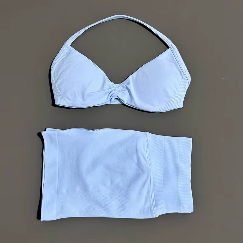 2 Piece Sports Gym Set Strappy Bra Yoga Underwear Short Sport Leggings Bicycle Running Sportswear Woman Seamless Yoga Set