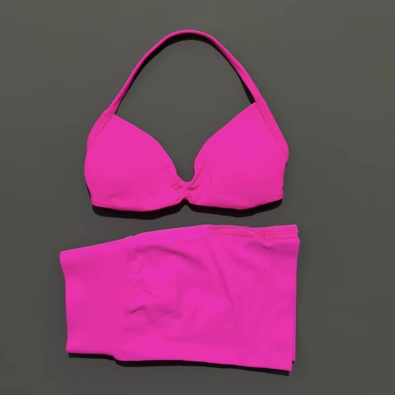 2 Piece Sports Gym Set Strappy Bra Yoga Underwear Short Sport Leggings Bicycle Running Sportswear Woman Seamless Yoga Set