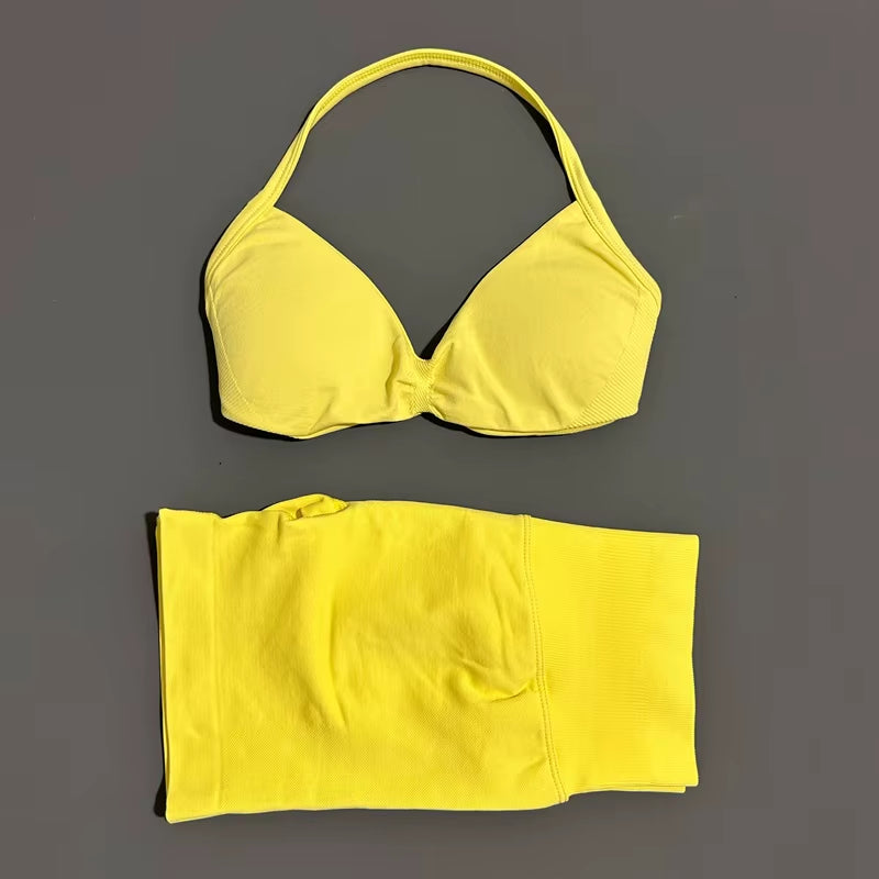 2 Piece Sports Gym Set Strappy Bra Yoga Underwear Short Sport Leggings Bicycle Running Sportswear Woman Seamless Yoga Set