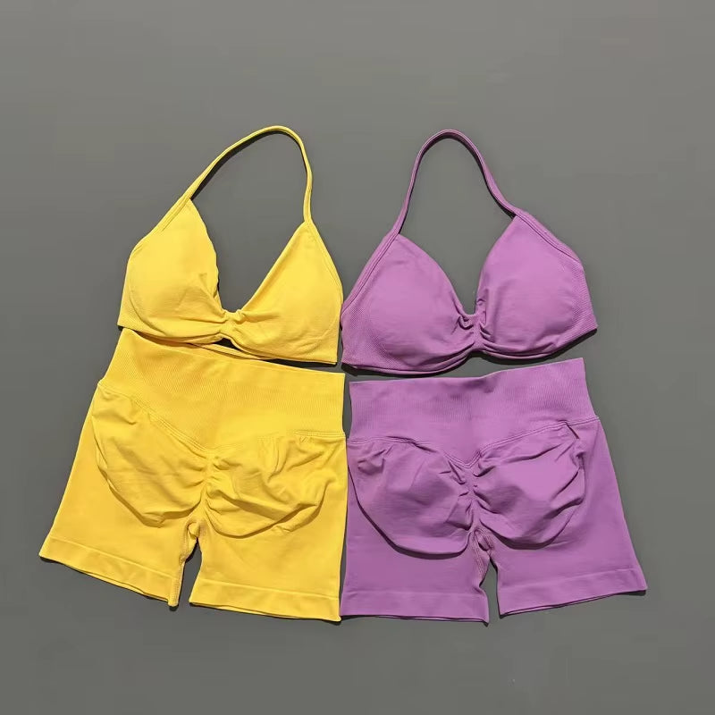2 Piece Sports Gym Set Strappy Bra Yoga Underwear Short Sport Leggings Bicycle Running Sportswear Woman Seamless Yoga Set