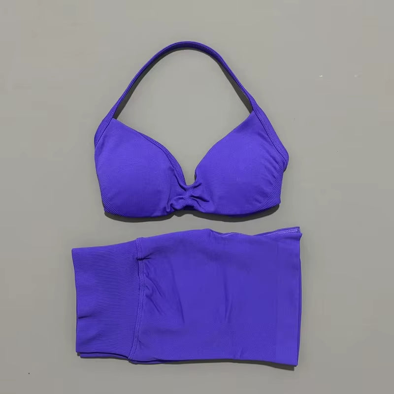 2 Piece Sports Gym Set Strappy Bra Yoga Underwear Short Sport Leggings Bicycle Running Sportswear Woman Seamless Yoga Set