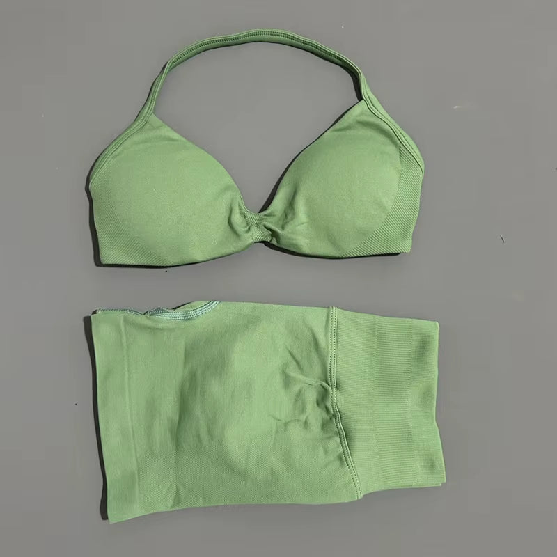 2 Piece Sports Gym Set Strappy Bra Yoga Underwear Short Sport Leggings Bicycle Running Sportswear Woman Seamless Yoga Set