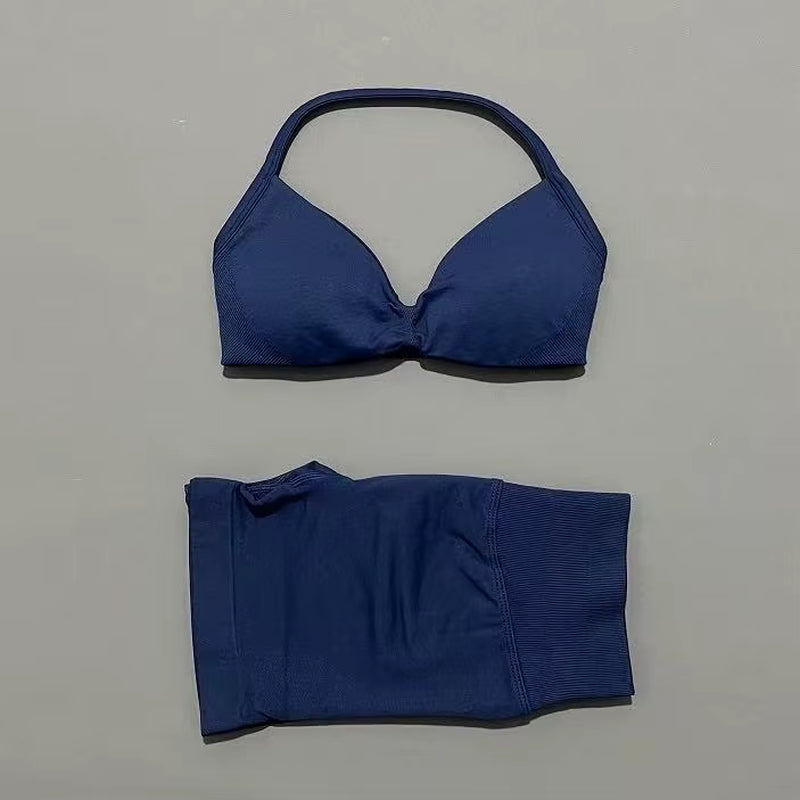 2 Piece Sports Gym Set Strappy Bra Yoga Underwear Short Sport Leggings Bicycle Running Sportswear Woman Seamless Yoga Set
