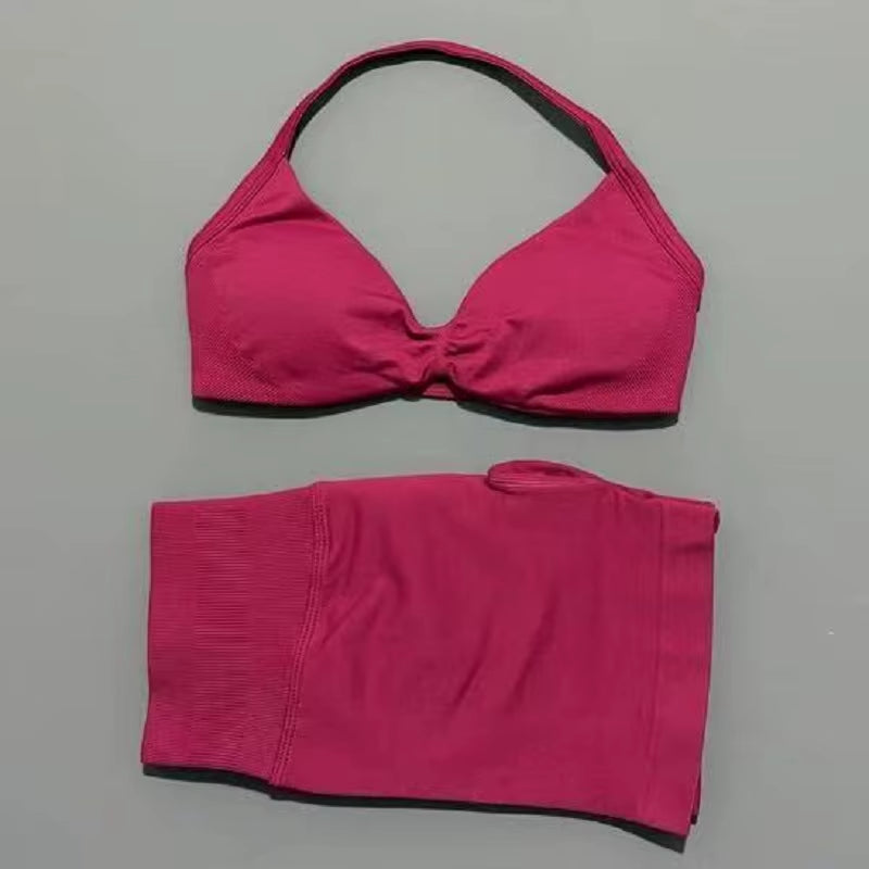 2 Piece Sports Gym Set Strappy Bra Yoga Underwear Short Sport Leggings Bicycle Running Sportswear Woman Seamless Yoga Set