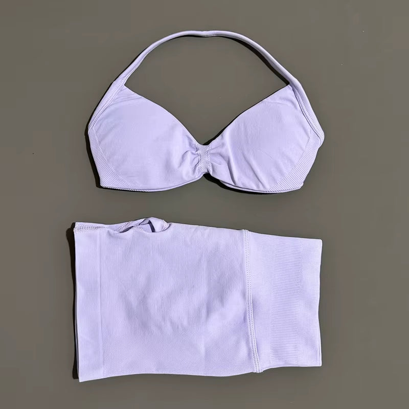 2 Piece Sports Gym Set Strappy Bra Yoga Underwear Short Sport Leggings Bicycle Running Sportswear Woman Seamless Yoga Set