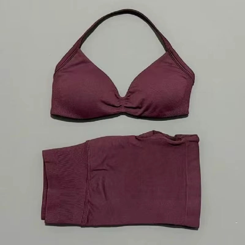 2 Piece Sports Gym Set Strappy Bra Yoga Underwear Short Sport Leggings Bicycle Running Sportswear Woman Seamless Yoga Set