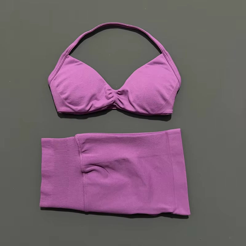 2 Piece Sports Gym Set Strappy Bra Yoga Underwear Short Sport Leggings Bicycle Running Sportswear Woman Seamless Yoga Set