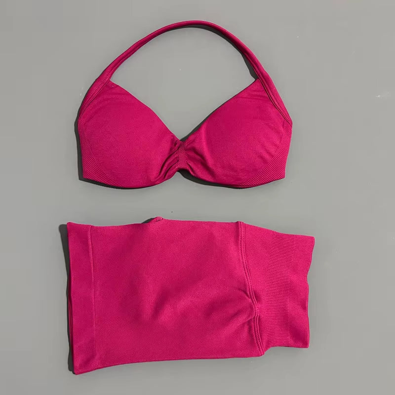 2 Piece Sports Gym Set Strappy Bra Yoga Underwear Short Sport Leggings Bicycle Running Sportswear Woman Seamless Yoga Set