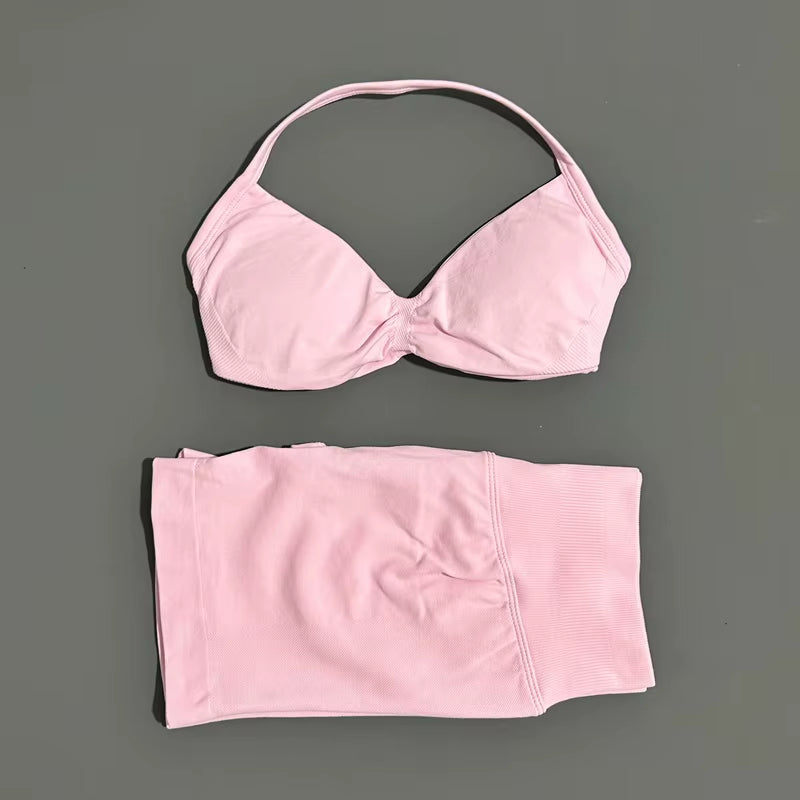 2 Piece Sports Gym Set Strappy Bra Yoga Underwear Short Sport Leggings Bicycle Running Sportswear Woman Seamless Yoga Set
