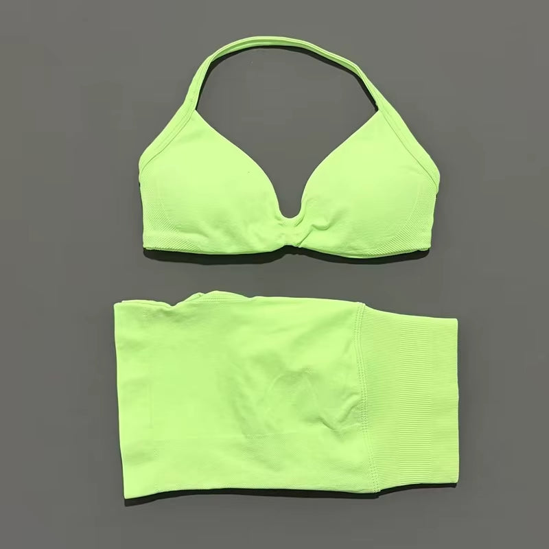 2 Piece Sports Gym Set Strappy Bra Yoga Underwear Short Sport Leggings Bicycle Running Sportswear Woman Seamless Yoga Set