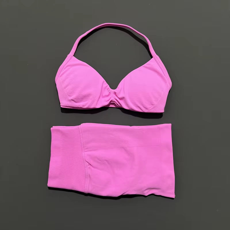 2 Piece Sports Gym Set Strappy Bra Yoga Underwear Short Sport Leggings Bicycle Running Sportswear Woman Seamless Yoga Set
