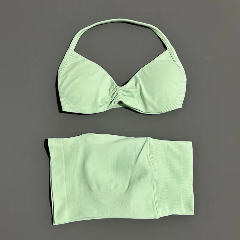 2 Piece Sports Gym Set Strappy Bra Yoga Underwear Short Sport Leggings Bicycle Running Sportswear Woman Seamless Yoga Set